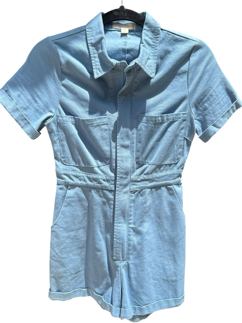 Honey Punch Light Blue Canvas Romper